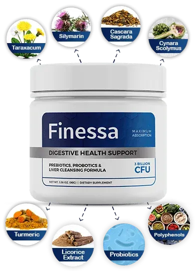 Finessa digestive support formula with natural ingredients including probiotics turmeric and milk thistle