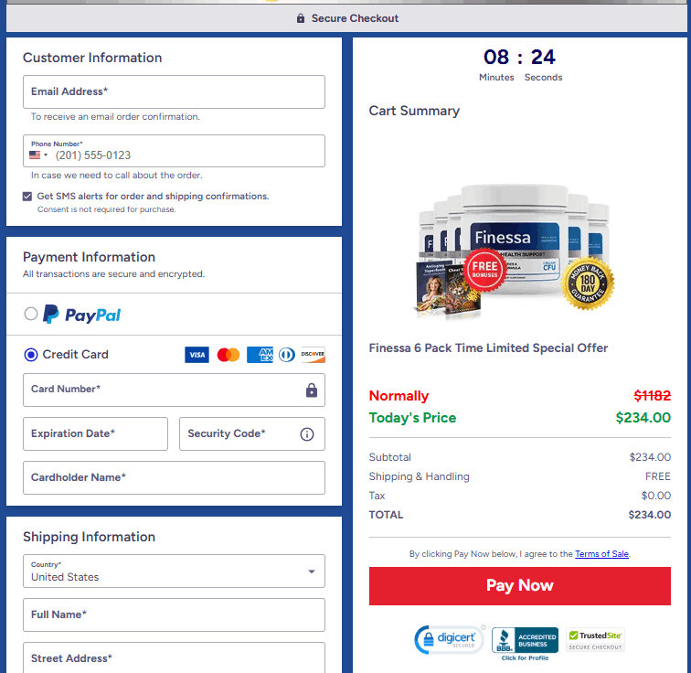 Finessa secure checkout page showing order form payment options and pricing details